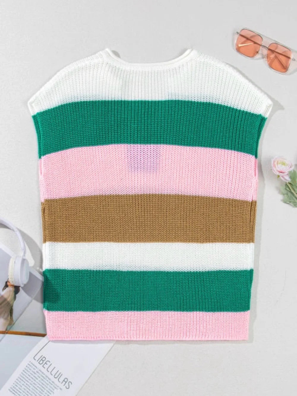 Knit Colorblock V-Neck Sleeveless Sweater Vest - Pink/Green/White